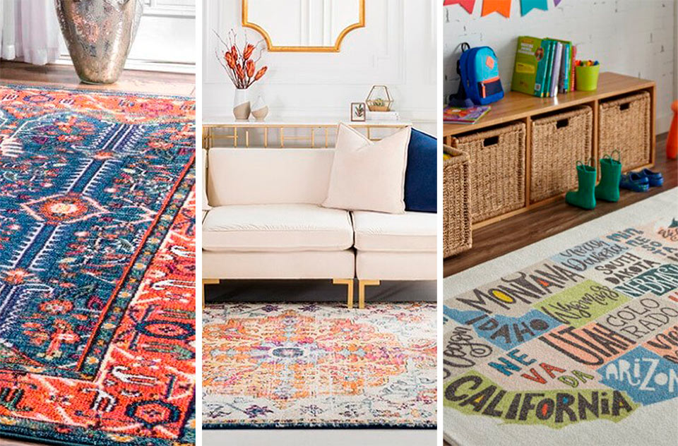 Colorful area rug collage with living room scenes