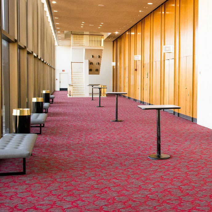 Commercial theater interior with bright red carpet