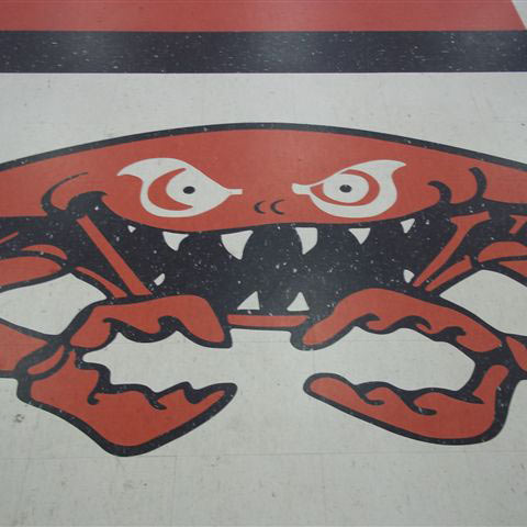 High school commercial floor with red and black Crabbers design