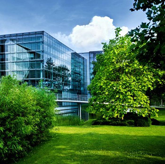 Glass commercial building in large grassy area with many trees and plants