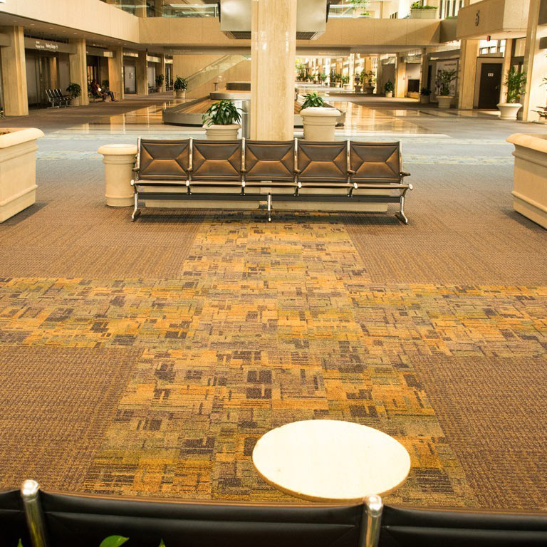 Spacious library interior with patterned carpet and hard surface flooring