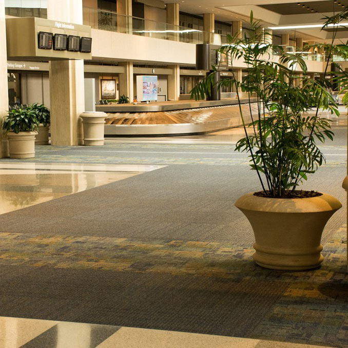 Spacious library interior with patterned carpet and hard surface flooring