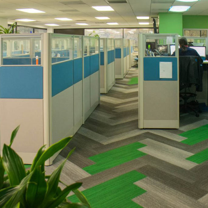 Green and blue hues bright commercial office interior
