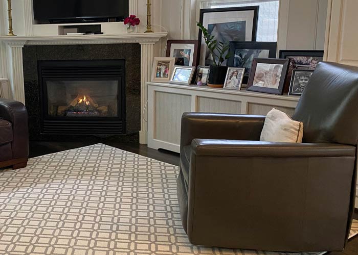 Area Rug living room scene with dark hardwood floors