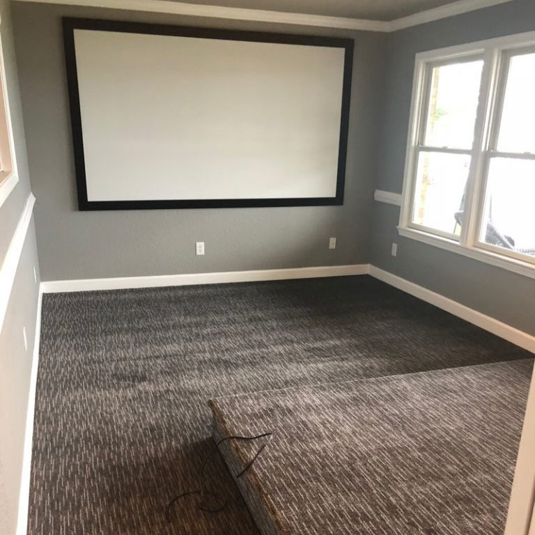 Home theater room with dark patterned carpet